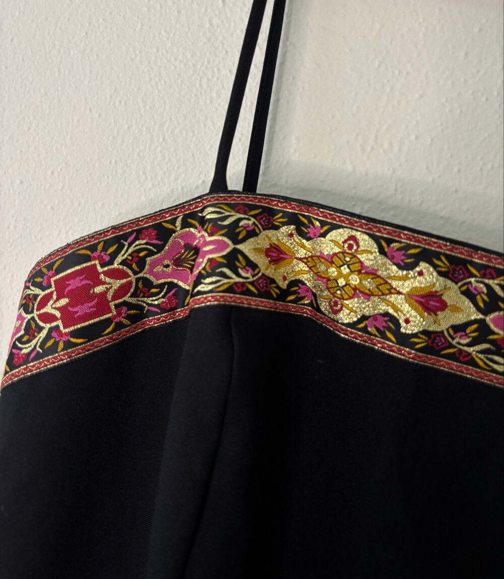 Vintage La Belle Black Sheath Dress Gold Brocade Embroidered Trim Slit 7
